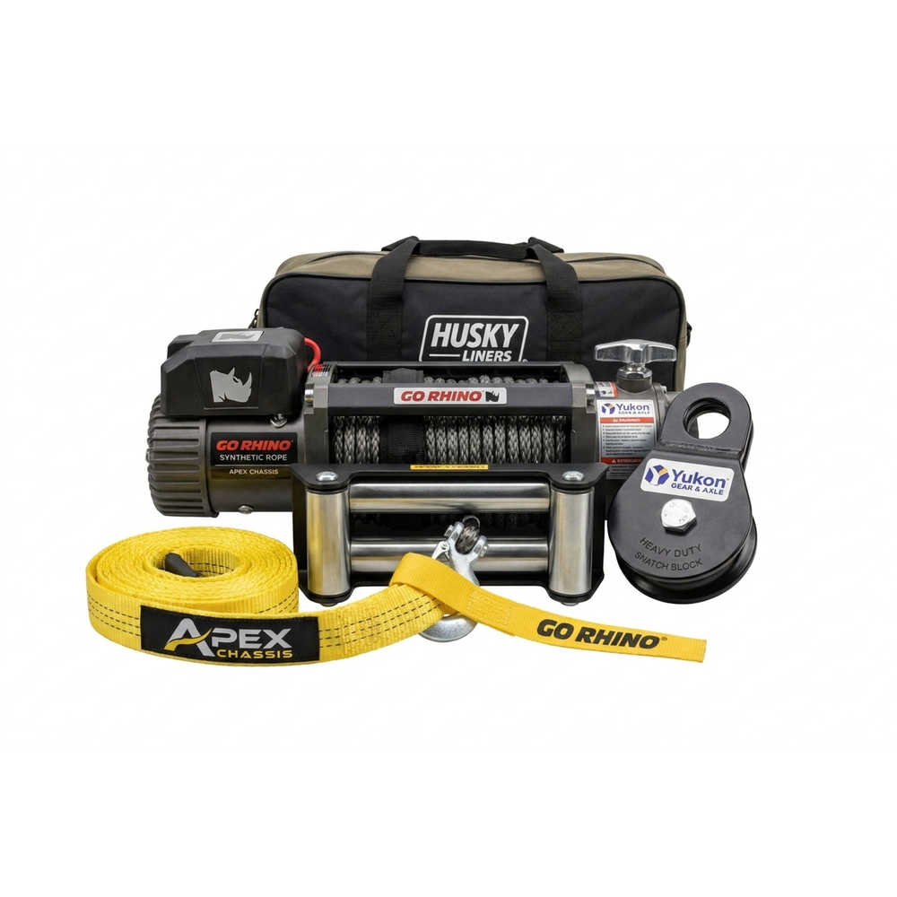 Go Rhino winch, recovery bag, snatch block, and recovery strap