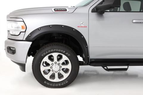 Black Pocket/Rivet Style Smooth Finish Front Fender Flares For 2019-2026 Ram 2500/3500, Includes Dually Bushwacker