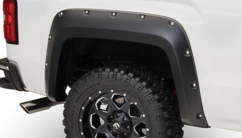 Black Pocket/Rivet Style Smooth Finish Rear Fender Flares For 2014-2018 Sierra 1500 (Incl Limited) 2015-2018 Sierra 2500 Hd/3500 Hd (Excludes Dually) Bushwacker